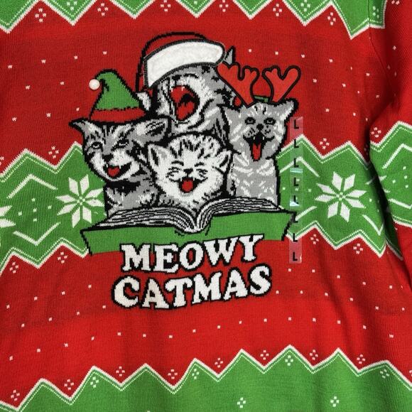 New Ugly Christmas Sweater Size L Cat Meowy Catmas Unisex Holiday Mad Engine - Picture 2 of 5